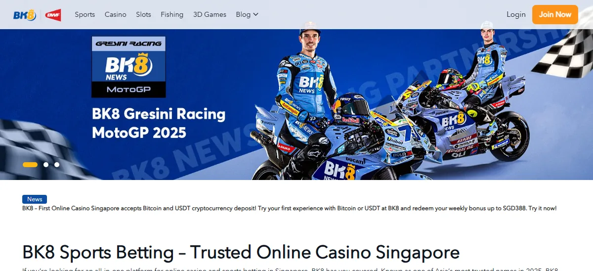 BK8 homepage new ewallet casino, with the MotoGP racing hero and badminton federation partner badge