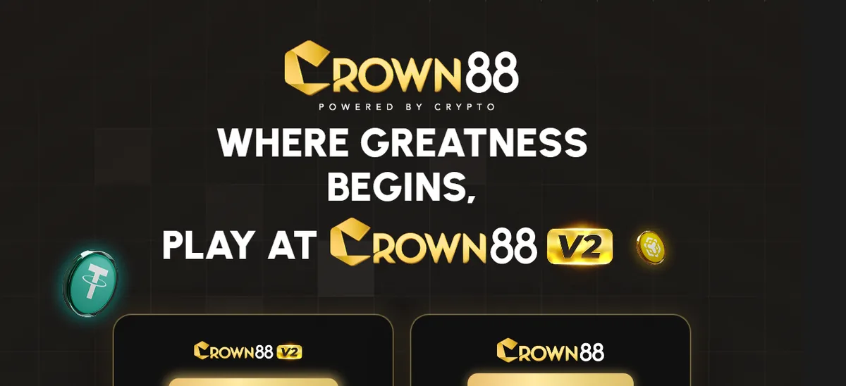 Crown88 homepage sg casino e wallet, showing the brand hero over a dark background with crypto tokens
