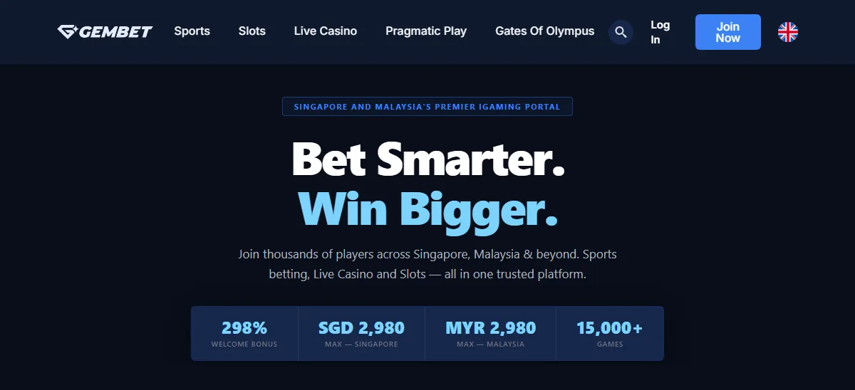Gembet homepage trusted ewallet casino, showing its welcome figures and game count on a dark blue hero
