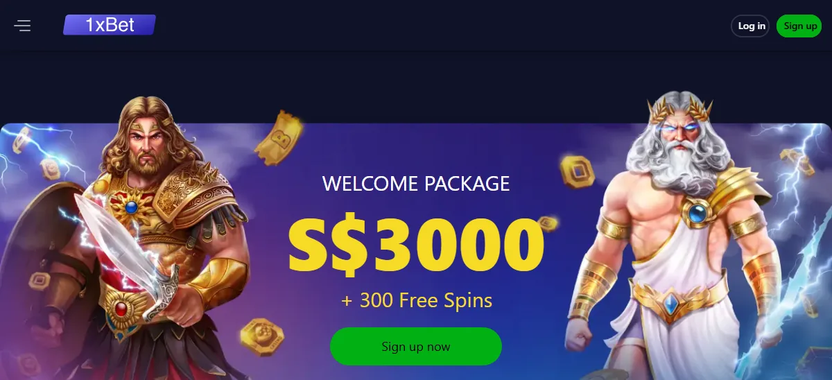 1xbet homepage online casino ewallet, showing its welcome package and lobby over a dark hero